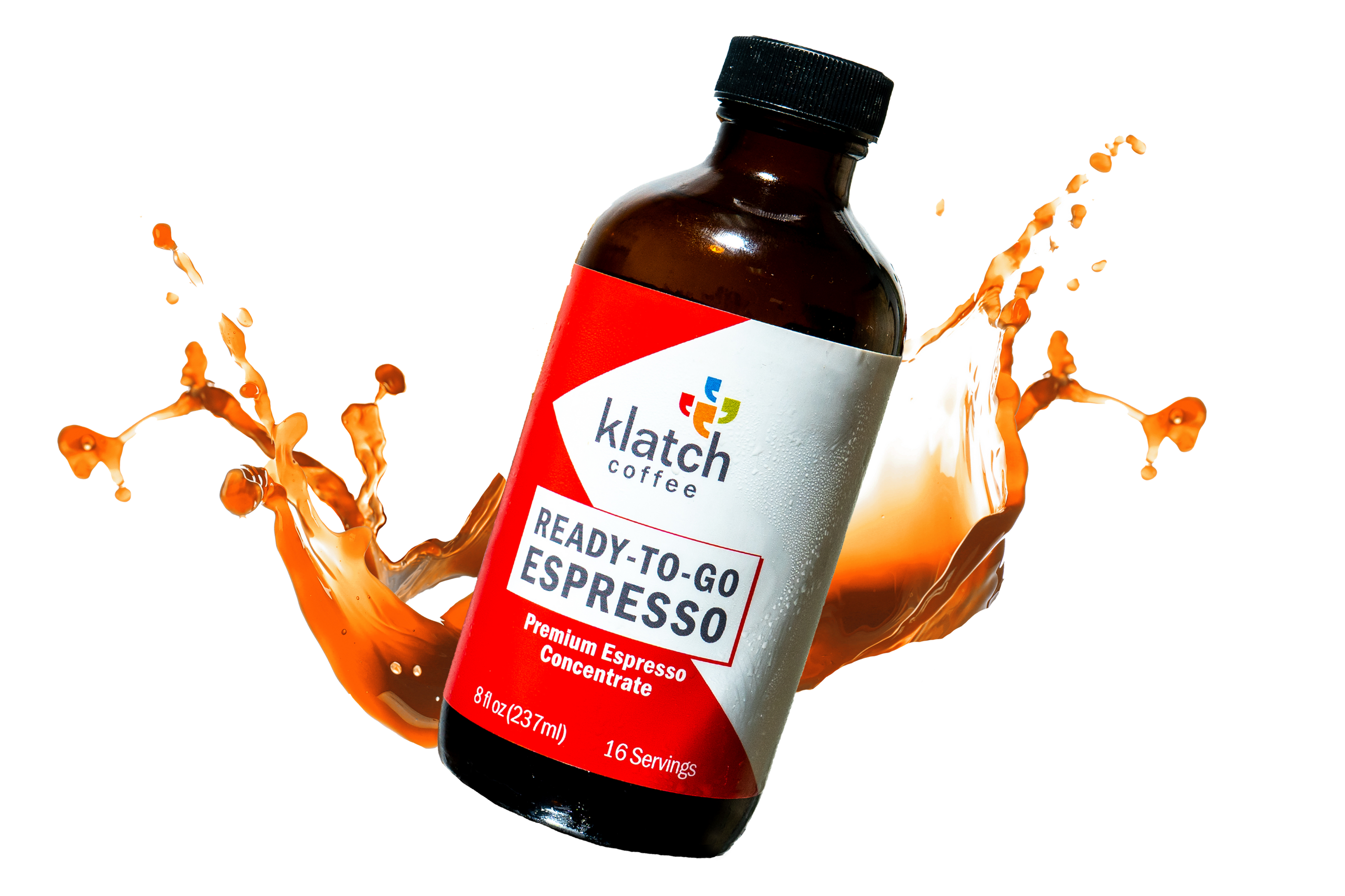 8oz bottle of ready to go espresso with a splash of coffee in the background