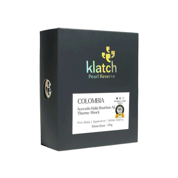 Klatch Pearl Reserve Colombia Thermo-Shock -95ptd Coffee Review badge on a white background