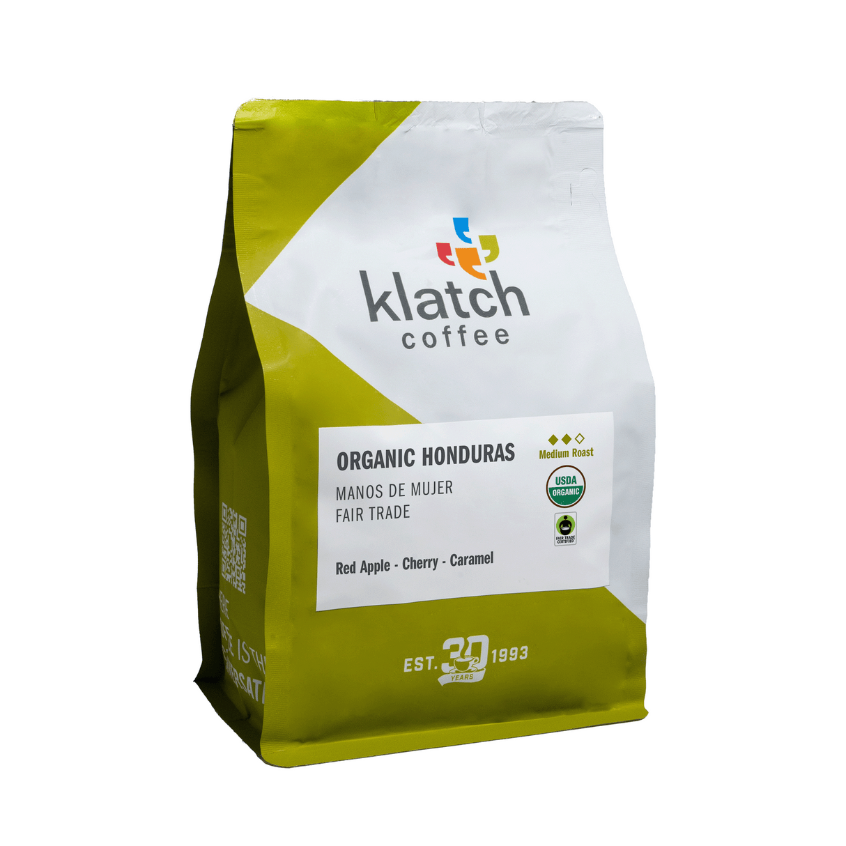 Klatch Coffee Organic Honduras Manos De Mujer Fiar Trade coffee in green and white coffee bag with white background.