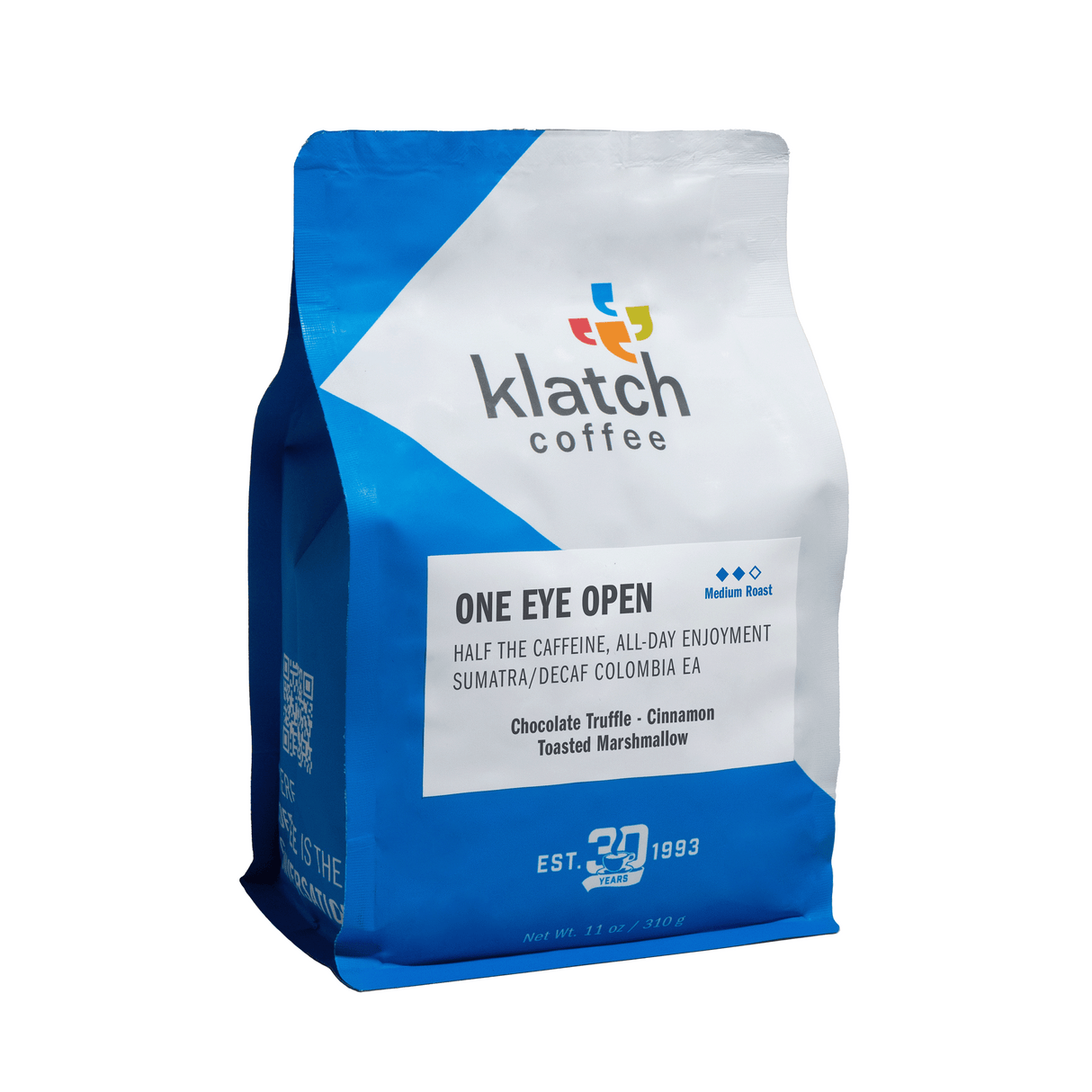 Klatch Coffee One Eye Open bag on a white background.