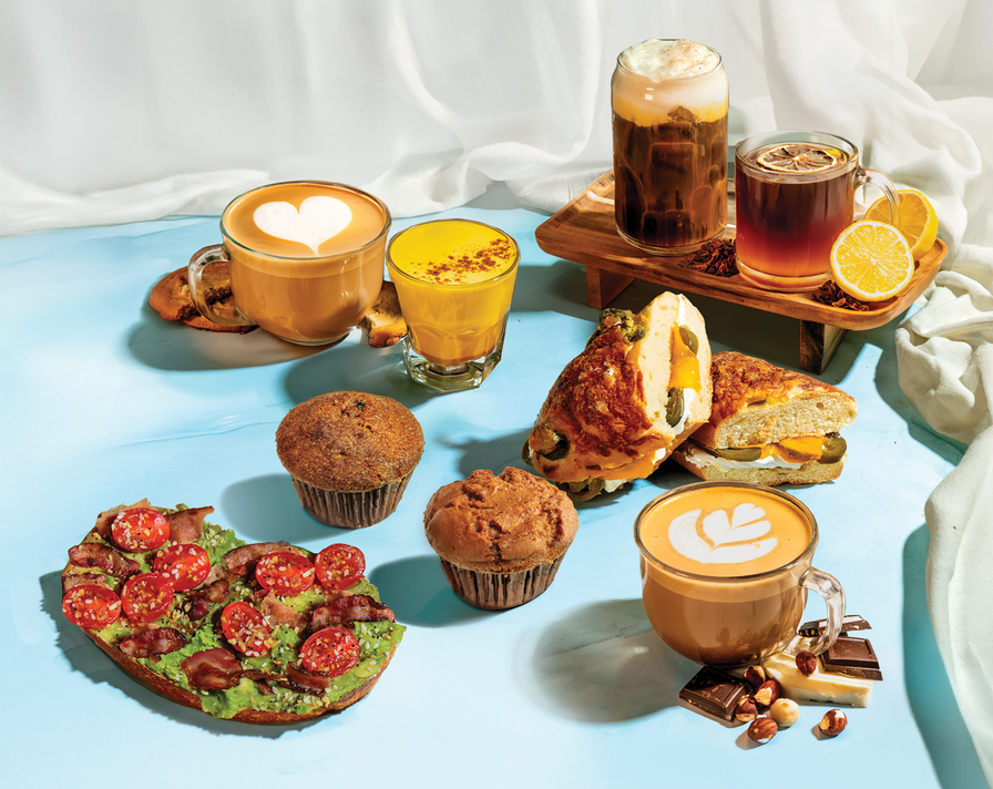 Good for the Body & Soul Menu: Assorted seasonal drinks,  items including pastries, and a sandwich on a light blue surface.