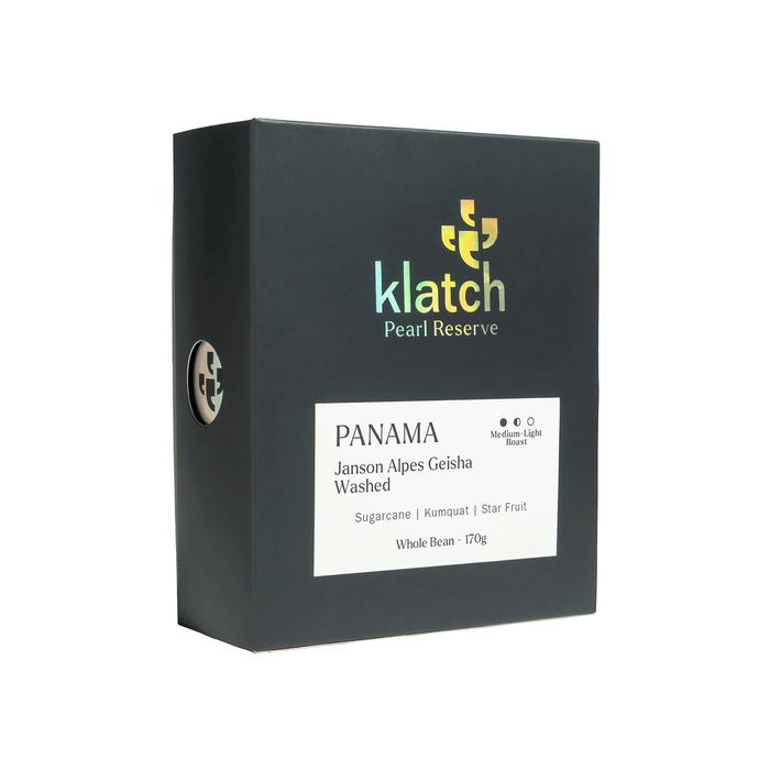 Klatch Pearl Reserve coffee box with Panama Janson Alpes Geisha Washed label on a white background